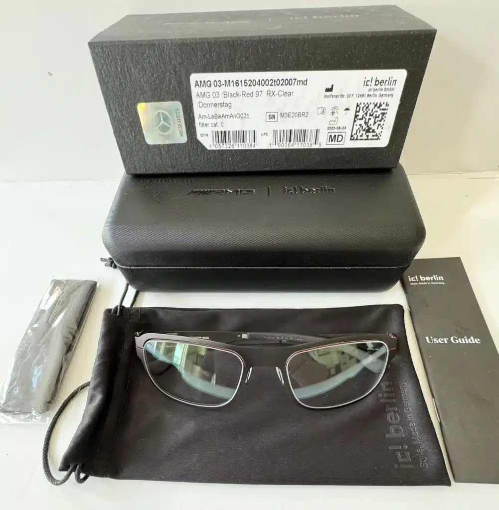 A pair of authentic ic! berlin AMG 03 glasses with the original box