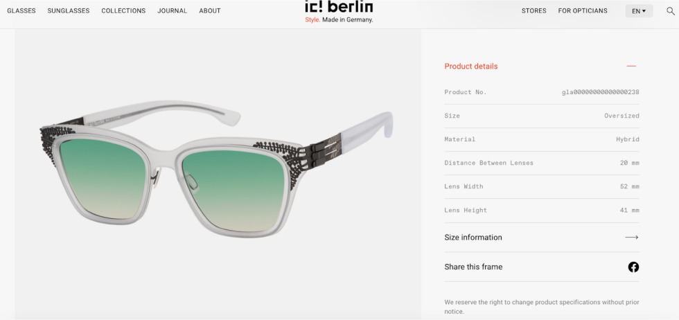 Product details for sunglasses Bibhu 02