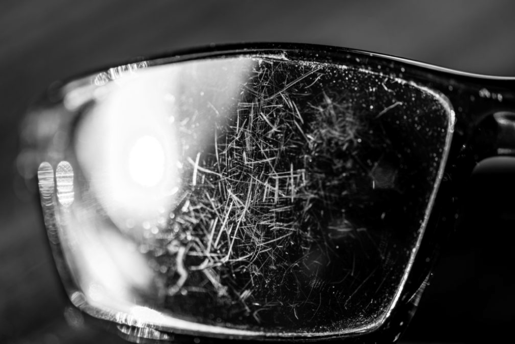 Scratched lenses on sunglasses: a close view