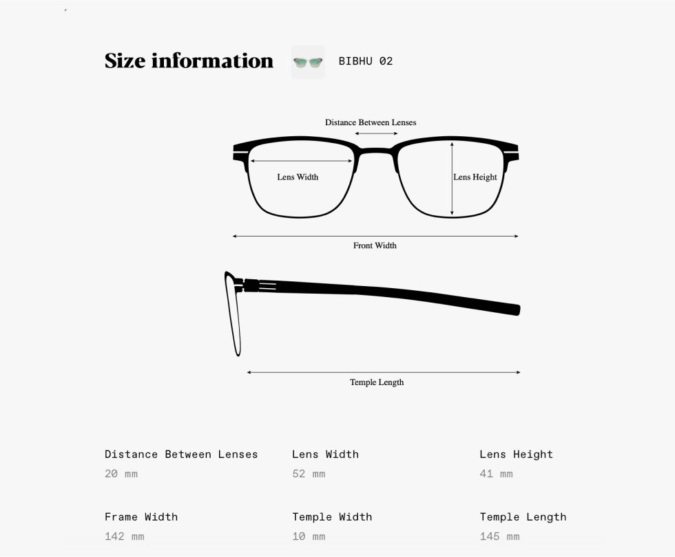 Size information for ic! berlin eyewear 