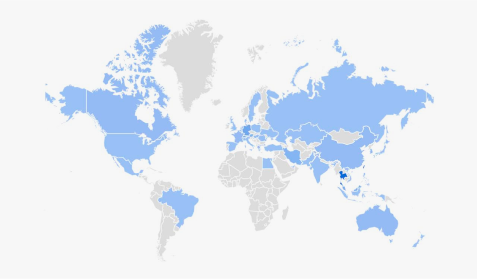 World map showing the global distribution of ic! berlin brand in shades of blue