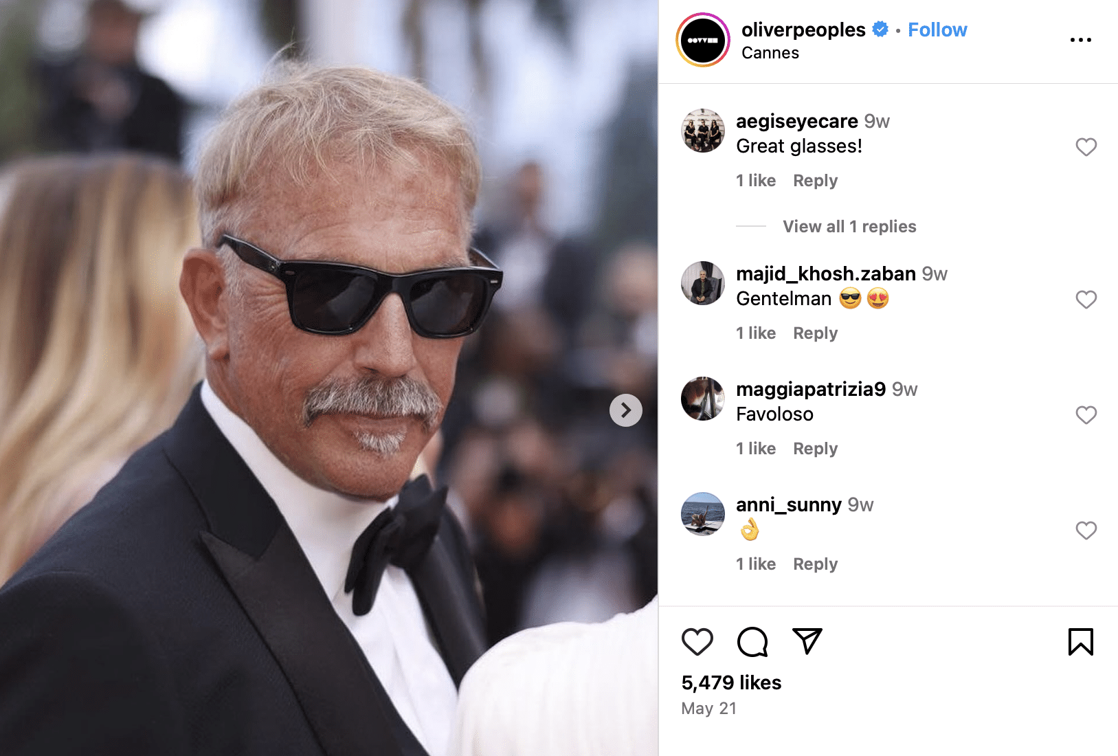 Kevin Costner instagram Oliver peoples sunglasses