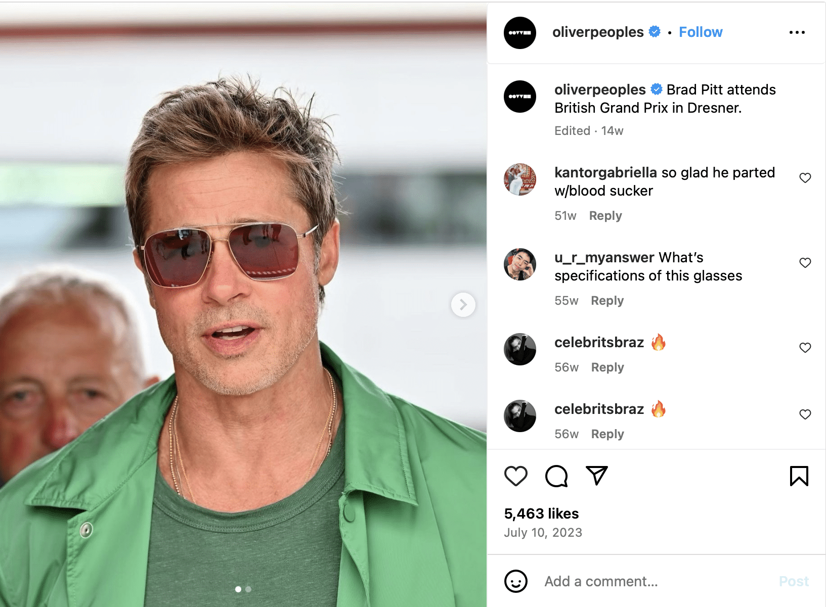 brad pitt instagram dresner sunglasses