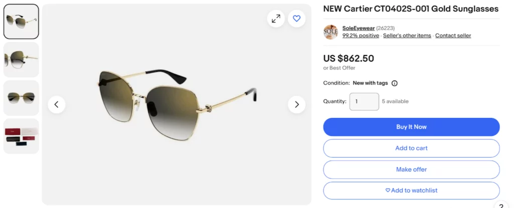 Cartier CT0402S-001 shades with gold lenses on eBay