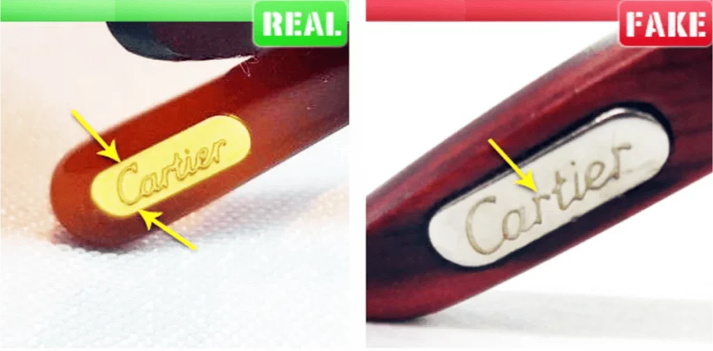 Real and fake Cartier logo plates