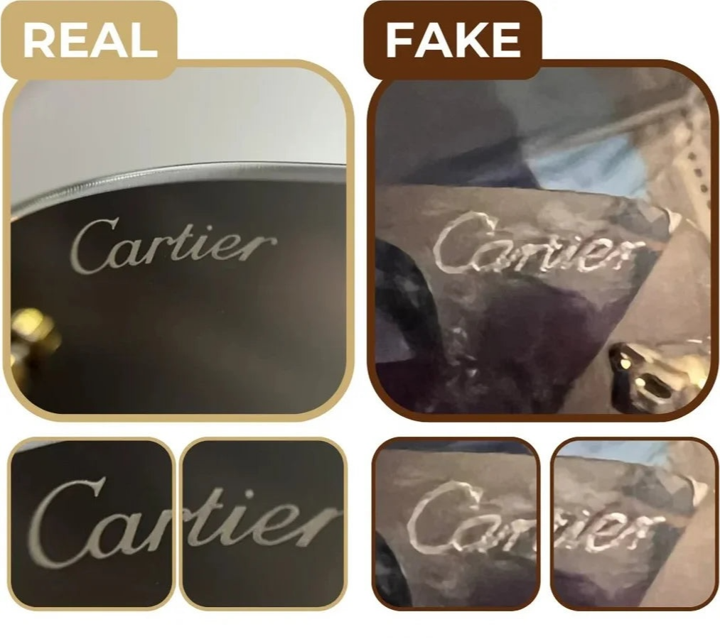 Real and fake lens logo engravings