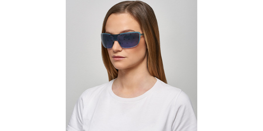 Ic! Berlin MB Shield 02 Electric Light Blue Electric Light Blue Sunglasses On Female Model