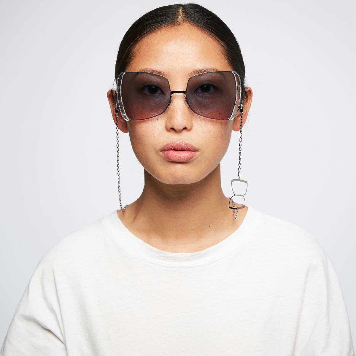 Ic! Berlin VIP Shiny-Aubergine-Crystal-Clear Sunglasses On Female Model